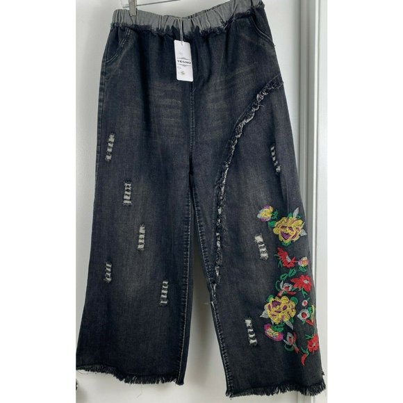 YESNO PW2 Women Cropped Pants Floral Jeans Embroidered Wide Size 3XL, NWT - Picture 3 of 11